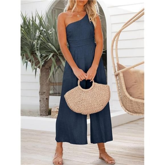 Women's Dark Blue One Shoulder High Waist Casual Wide‎ Leg Linen Jumpsuit Romper - Picture 7 of 7